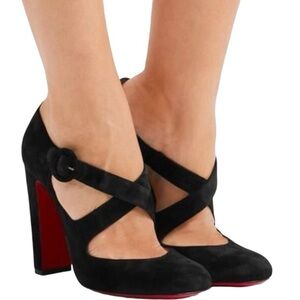 Christian Louboutin Miss Ellen 100 Black Suede Buckle Strap Block Heels EU 40